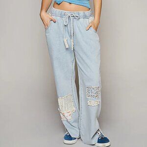 POL Patsy Vintage Wash Patchwork & Crochet Net Wide Leg Side Slit Pants